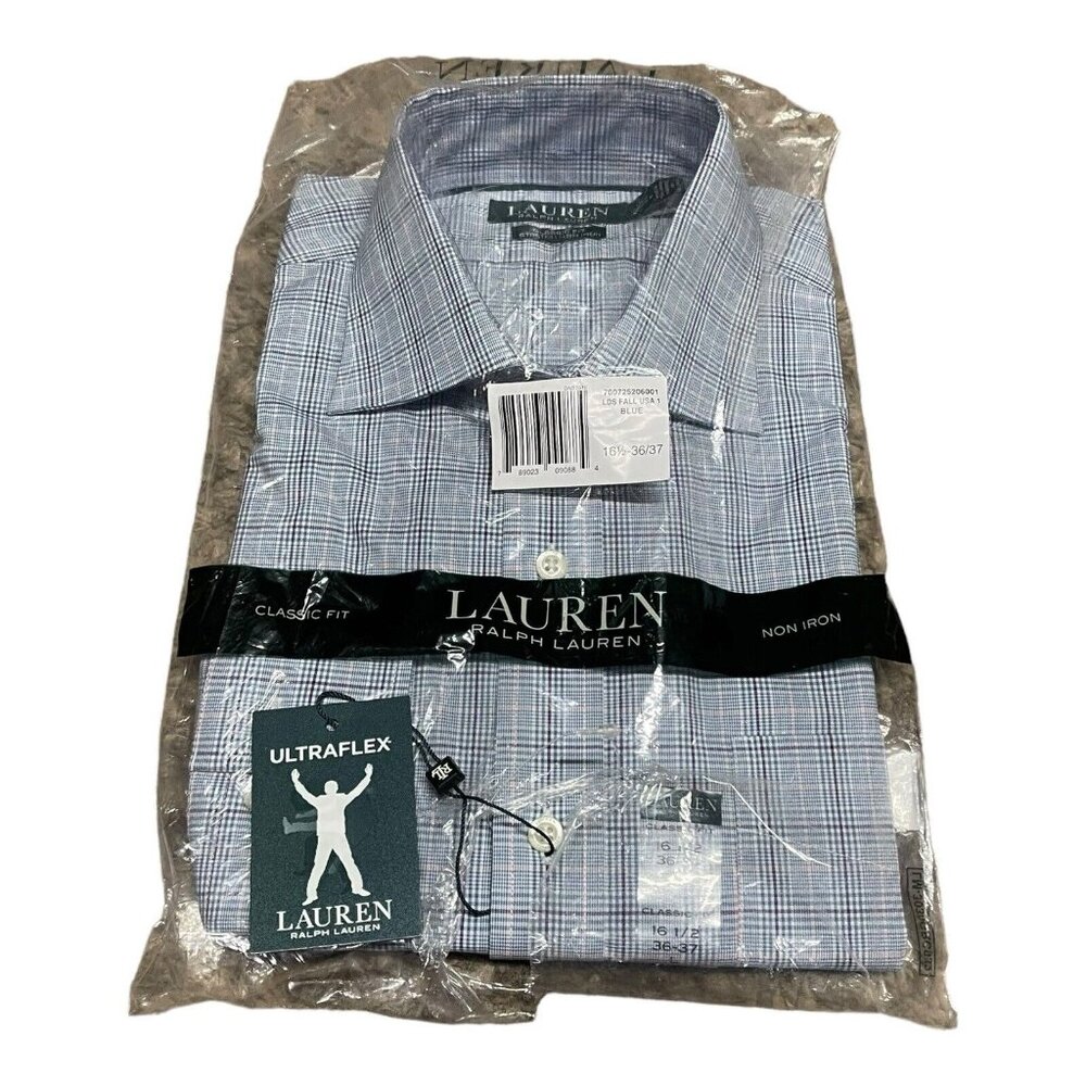 Ralph Lauren Classic Fit Dress Shirt Mens Blue Plaid Cotton Button Up 16.5 NEW